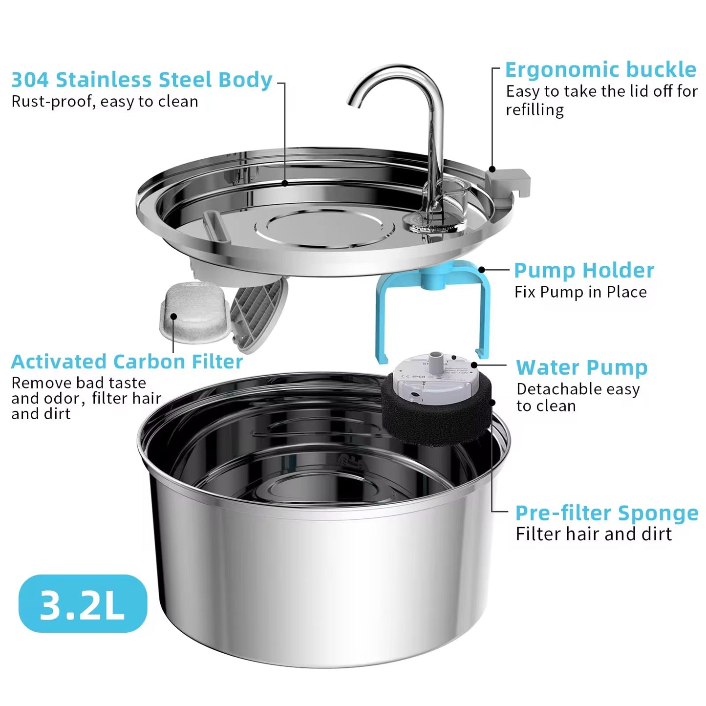 3.2 L Stainless Steel Pet Water Fountain – Quiet, Hygienic & Auto-Filtering