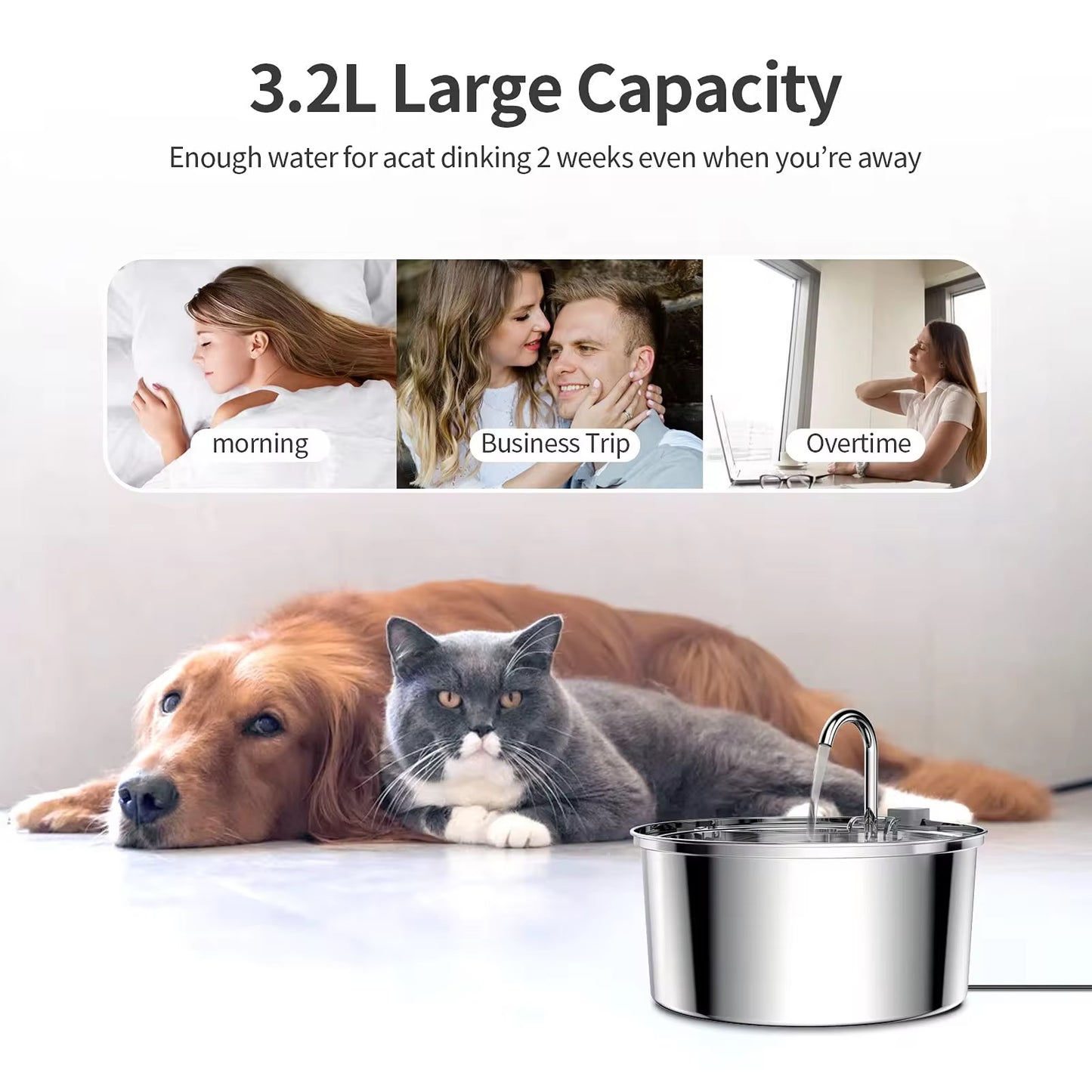 3.2 L Stainless Steel Pet Water Fountain – Quiet, Hygienic & Auto-Filtering