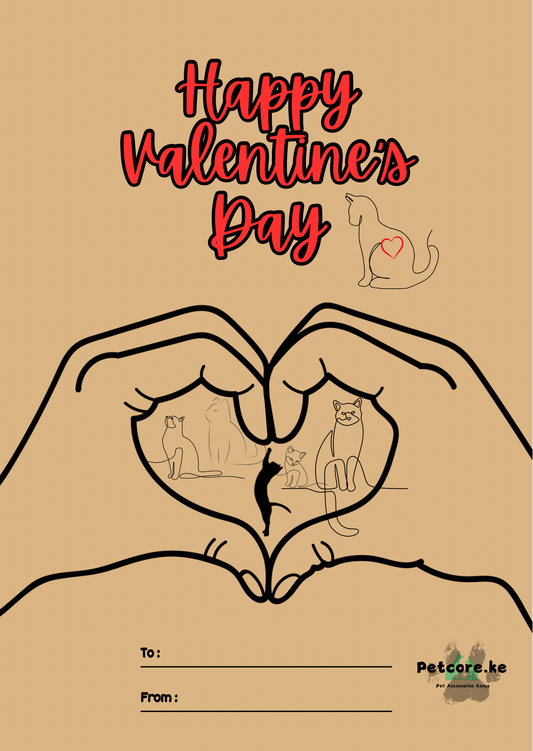 Valentine's Day card with hands forming a heart shape and cats, on a brown background.