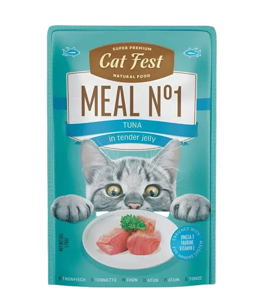 Cat Fest tuna in tender jelly cat food pouch on a white background