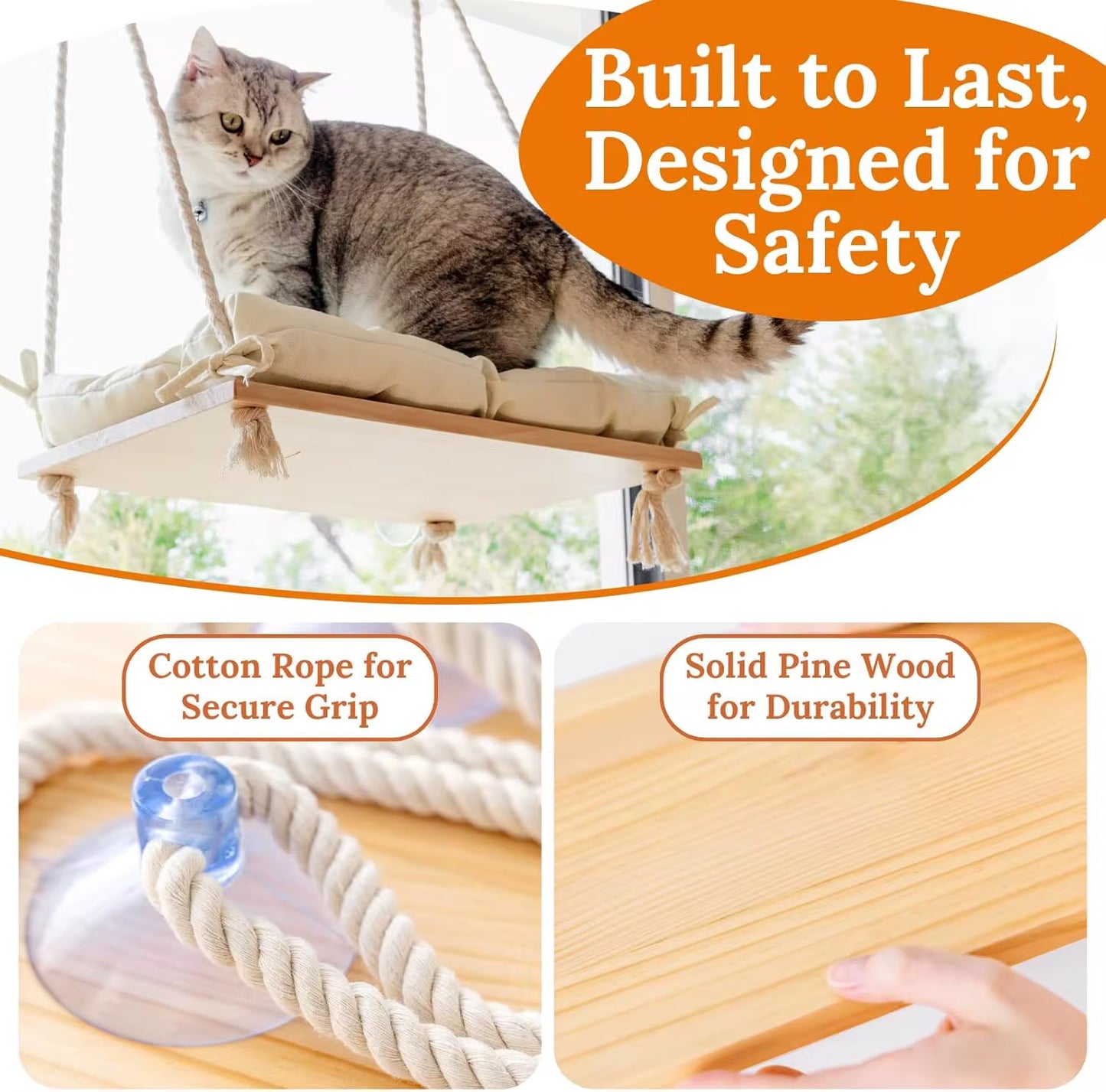 Solid Wood Cat Window Hammock – Sturdy Sunbathing Window Perch for Cats in Kenya