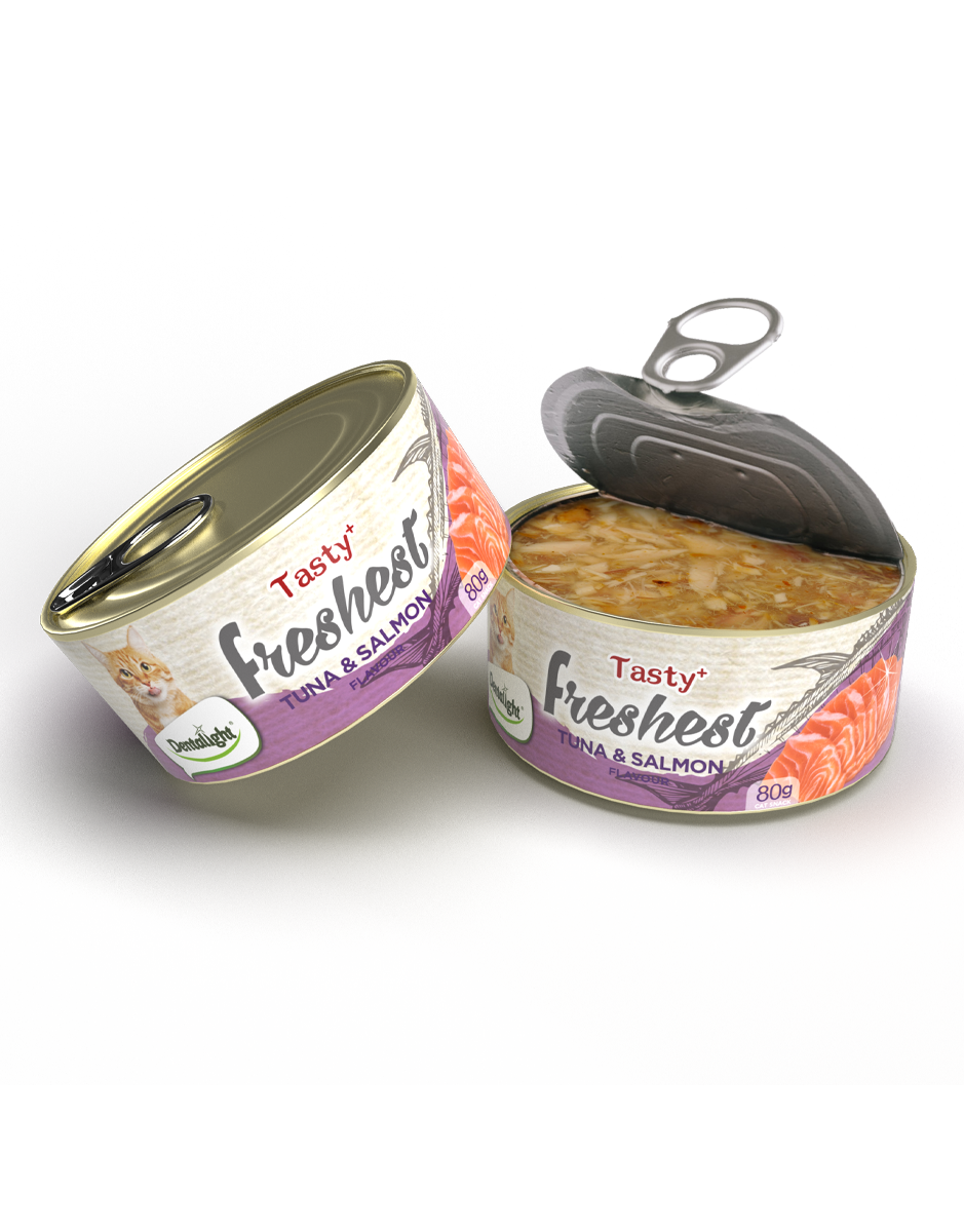 Dentalight Tuna & Salmon Cat Treat Cans – Tasty + Freshest Complementary Cat Snacks (80g)