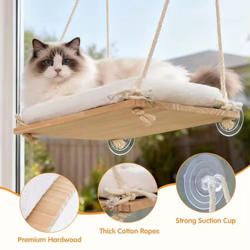 Solid Wood Cat Window Hammock – Sturdy Sunbathing Window Perch for Cats in Kenya