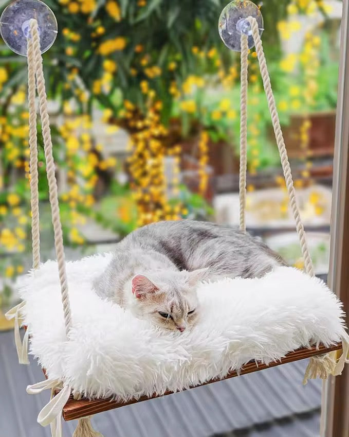 Solid Wood Cat Window Hammock – Sturdy Sunbathing Window Perch for Cats in Kenya