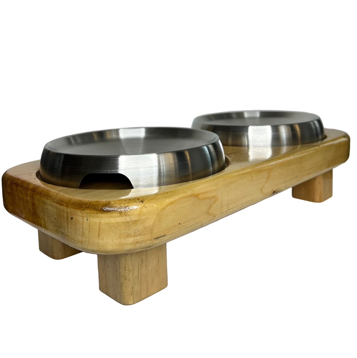 Double Elevated Wooden Cat Bowl Stand + 2 Stainless Steel Cat Bowls – Complete Feeding Set for Two Cats