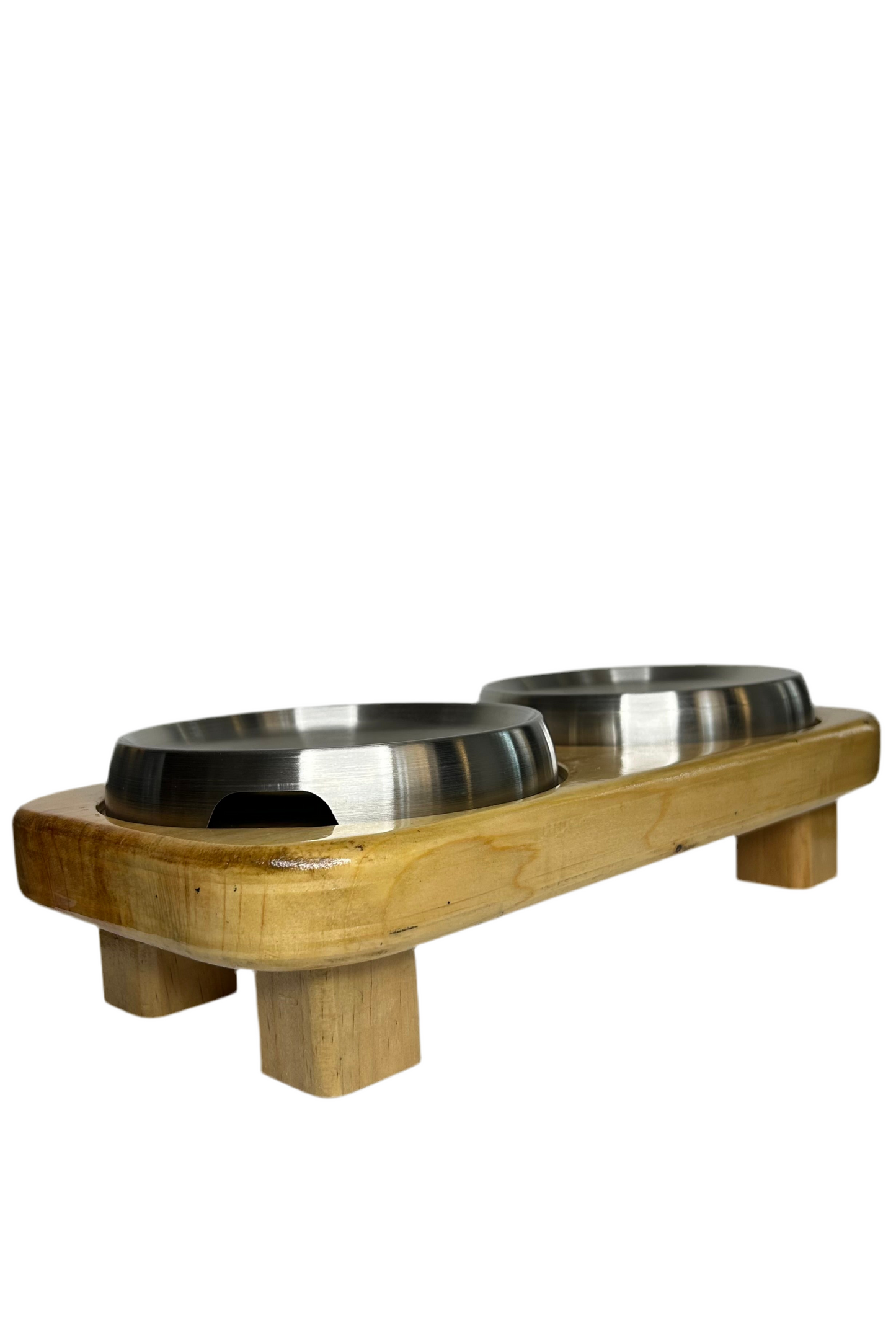 Double Elevated Wooden Cat Bowl Stand + 2 Stainless Steel Cat Bowls – Complete Feeding Set for Two Cats