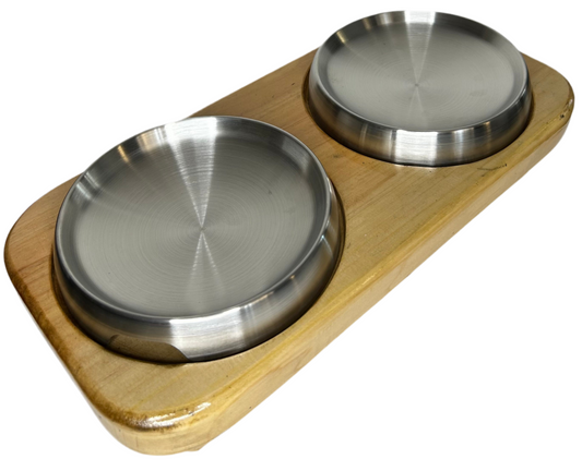 Double Elevated Wooden Cat Bowl Stand + 2 Stainless Steel Cat Bowls – Complete Feeding Set for Two Cats