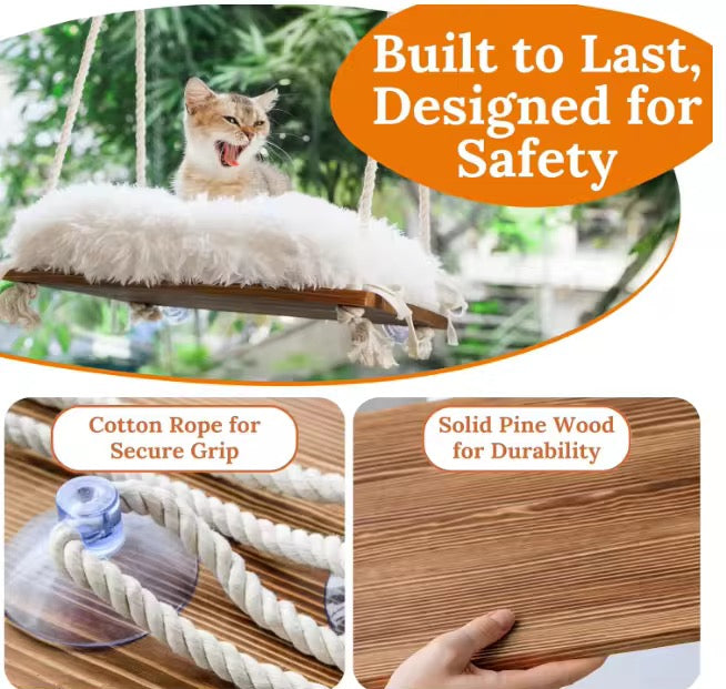 Solid Wood Cat Window Hammock – Sturdy Sunbathing Window Perch for Cats in Kenya