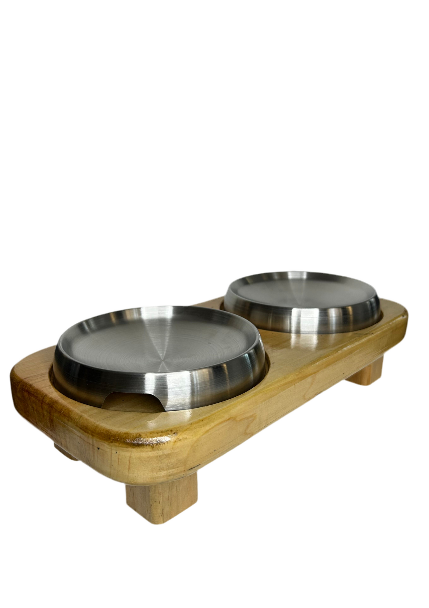 Double Elevated Wooden Cat Bowl Stand + 2 Stainless Steel Cat Bowls – Complete Feeding Set for Two Cats