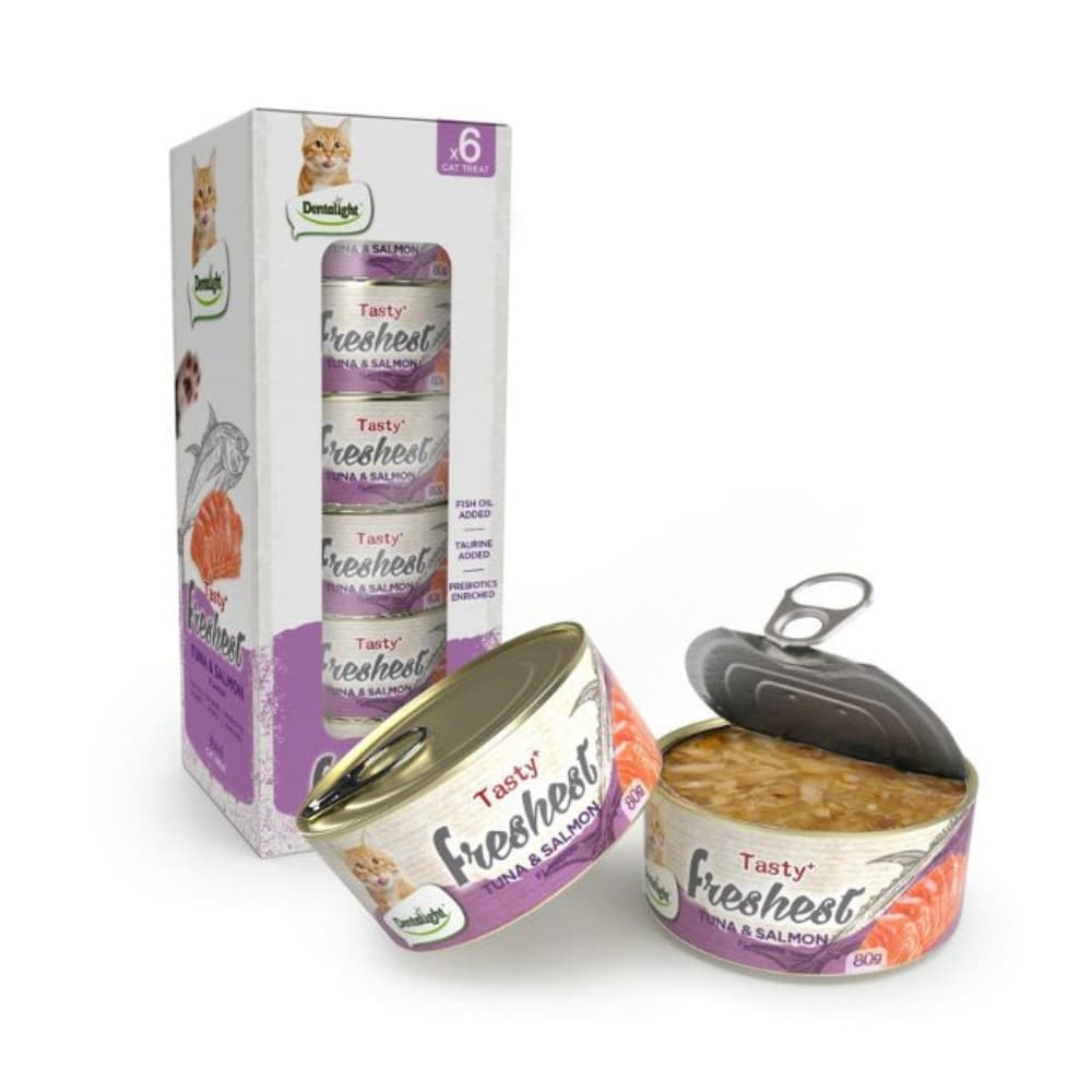 Dentalight Tuna & Salmon Cat Treat Cans – Tasty + Freshest Complementary Cat Snacks (80g)